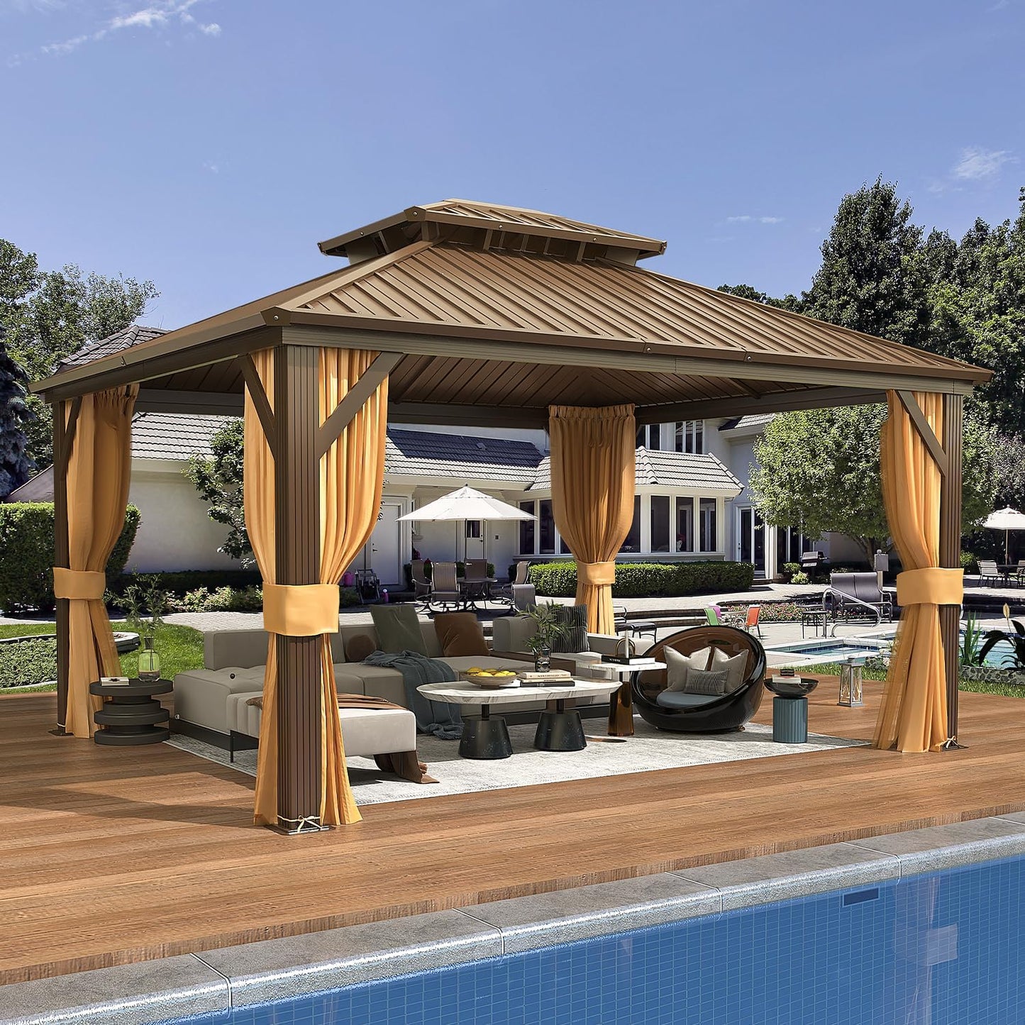 EROMMY 10' x 12' Hardtop Gazebo, Aluminum Frame Gazebos with Galvanized Steel Double Roof, Permanent Outdoor Metal Pavilion with Curtain and Netting for Patio, Lawn, Deck