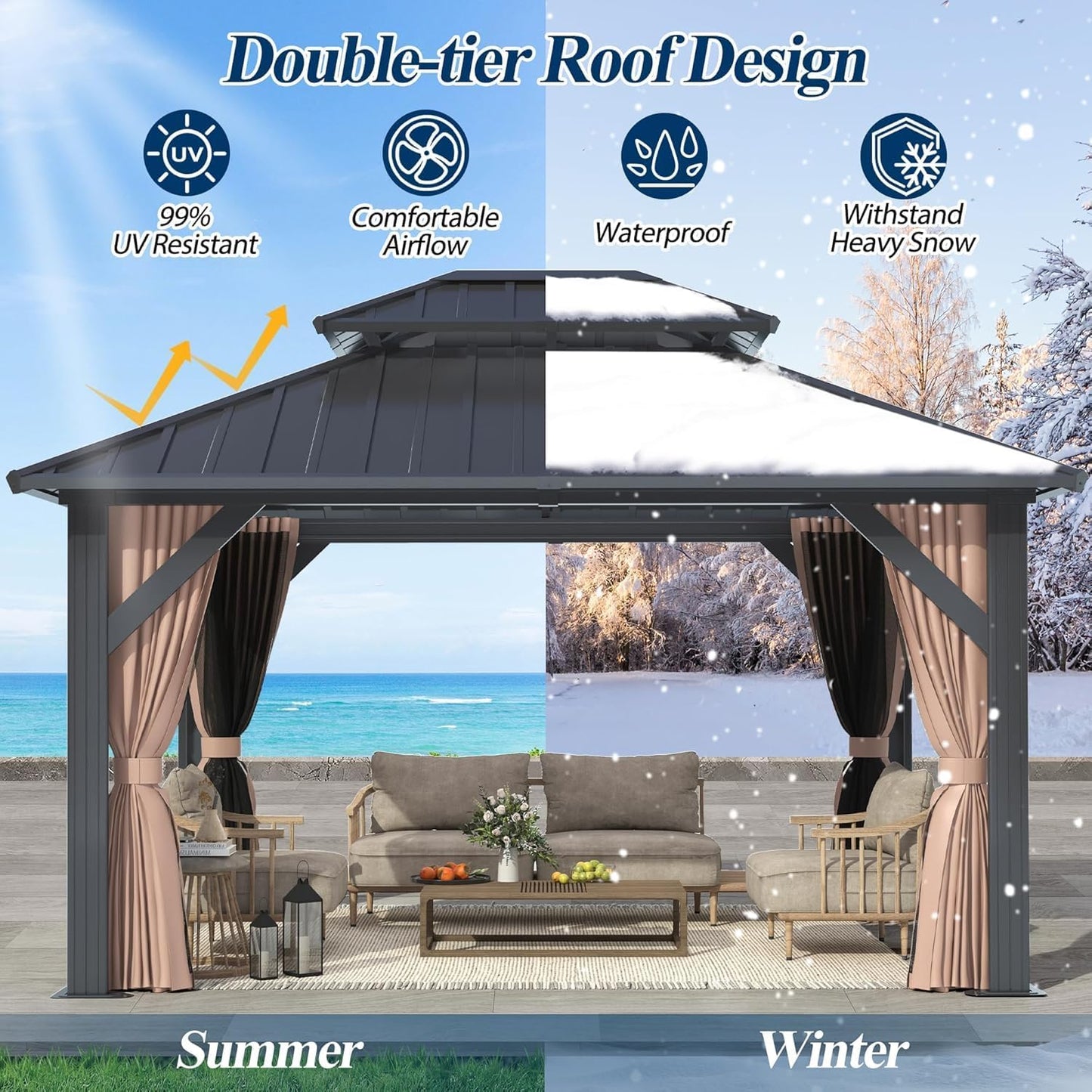 COVERONICS 10' x 12' Outdoor Galvanized Hardtop Gazebo - Aluminum Heavy-Duty Double Roof Vented Gazebo with Breathable Netting & Privacy Curtains for Patio, Porch, Garden, Lawn