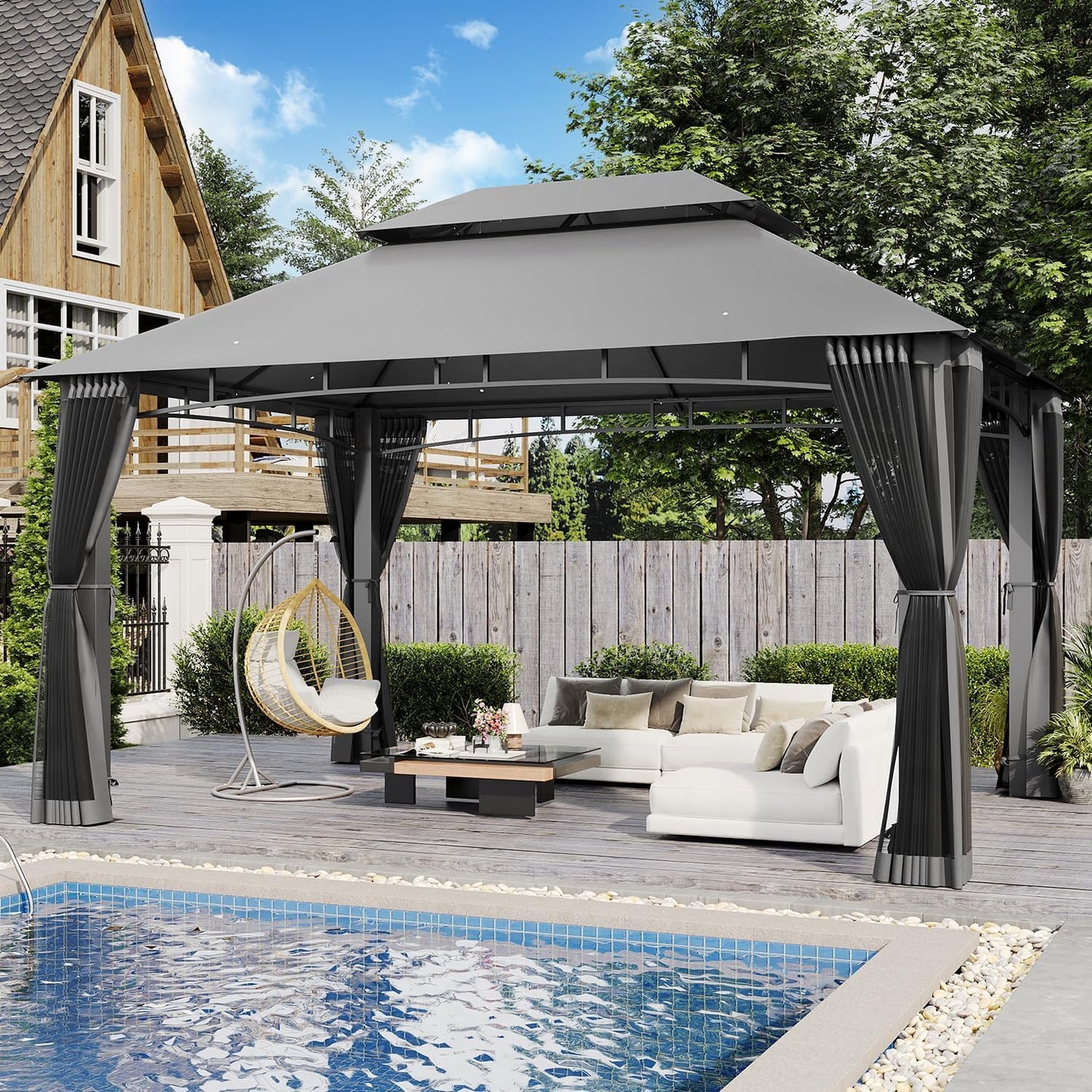 AOXUN Outdoor Gazebo for Patio 10x12, Metal Frame Canopy with Double Roofs, Heavy Duty Party Tent and Shelter with Mosquito Netting and Privacy Screen for Backyard, Lawn, Garden, Deck