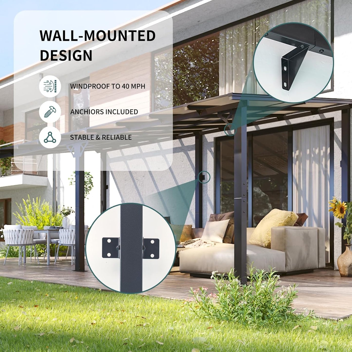 10x20FT Lean to Gazebo, Hardtop Metal Pergola with Polycarbonate Roof, Large Wall Mounted Heavy Duty Awnings, Patio Canopy for Backyard, Deck, Porch