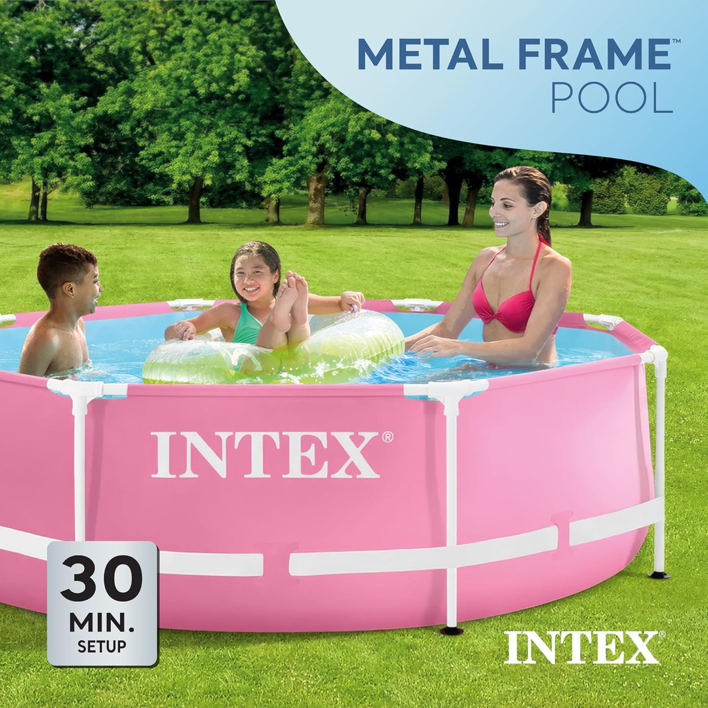 Intex 28290EH 8 Feet by 30 Inches Easy to Assemble Large Round Metal Frame Above Ground Swimming Pool with Dual Suction Outlet Fittings, Pink
