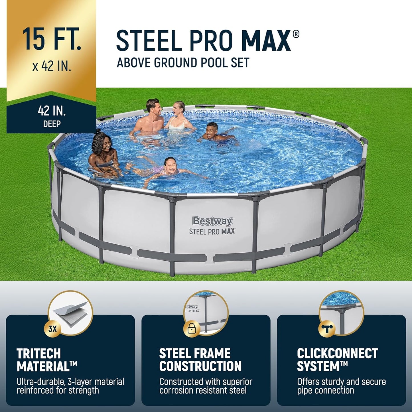Bestway Steel Pro MAX 15" x 42" Round Above Ground Swimming Pool Set Outdooor Metal Frame Family Pool with Filter Pump, Ladder, and Cover