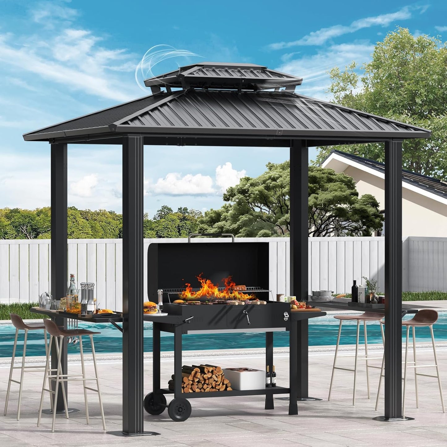 HOTEEL 10x12 Hardtop Gazebo Hot Tub Gazebo with Flame-Retardant Curtain Netting, Heavy Duty Pavilion with Galvanized Steel Double Roof, Aluminum Frame Outdoor Canopy for Patio, Party (2025 Upgraded)