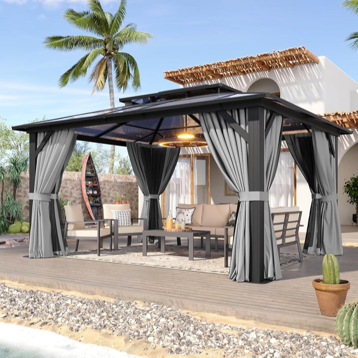 Aoxun 12'x10' Hardtop Gazebo, Aluminum Frame Permanent Pavilion with Curtains and Netting, Outdoor Polycarbonate Double Roof Canopy, Designed for Garden, Lawns, Patio, Brown