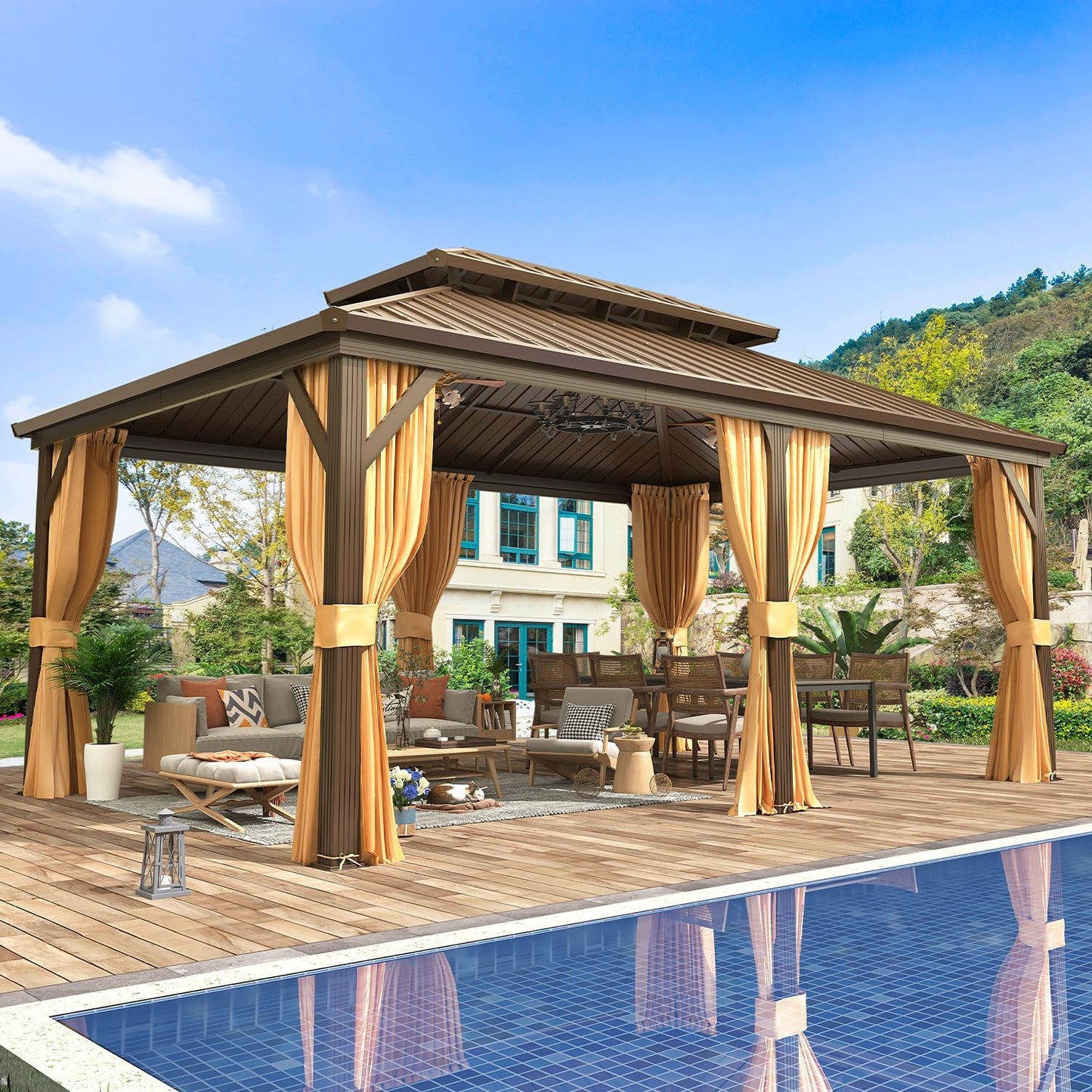 EROMMY 10' x 12' Hardtop Gazebo, Aluminum Frame Gazebos with Galvanized Steel Double Roof, Permanent Outdoor Metal Pavilion with Curtain and Netting for Patio, Lawn, Deck