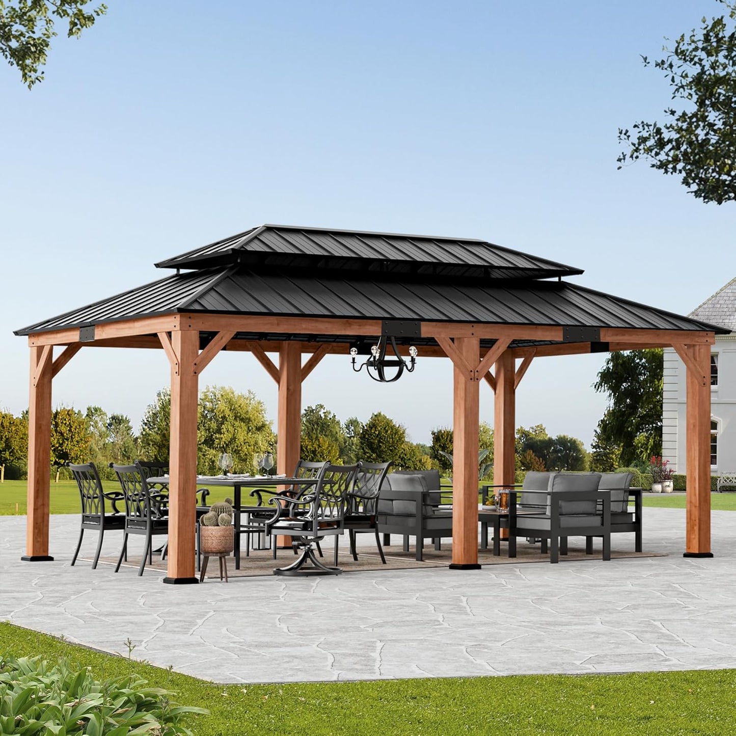 Modern Shade Rosewood Wood Gazebo 10' x 12', Cedar Framed Grill Gazebo with Double Galvanized Steel Roof, Mosquito Netting and Curtains, Permanent Hardtop with Sturdy Hooks for Garden, Backyard, Patio