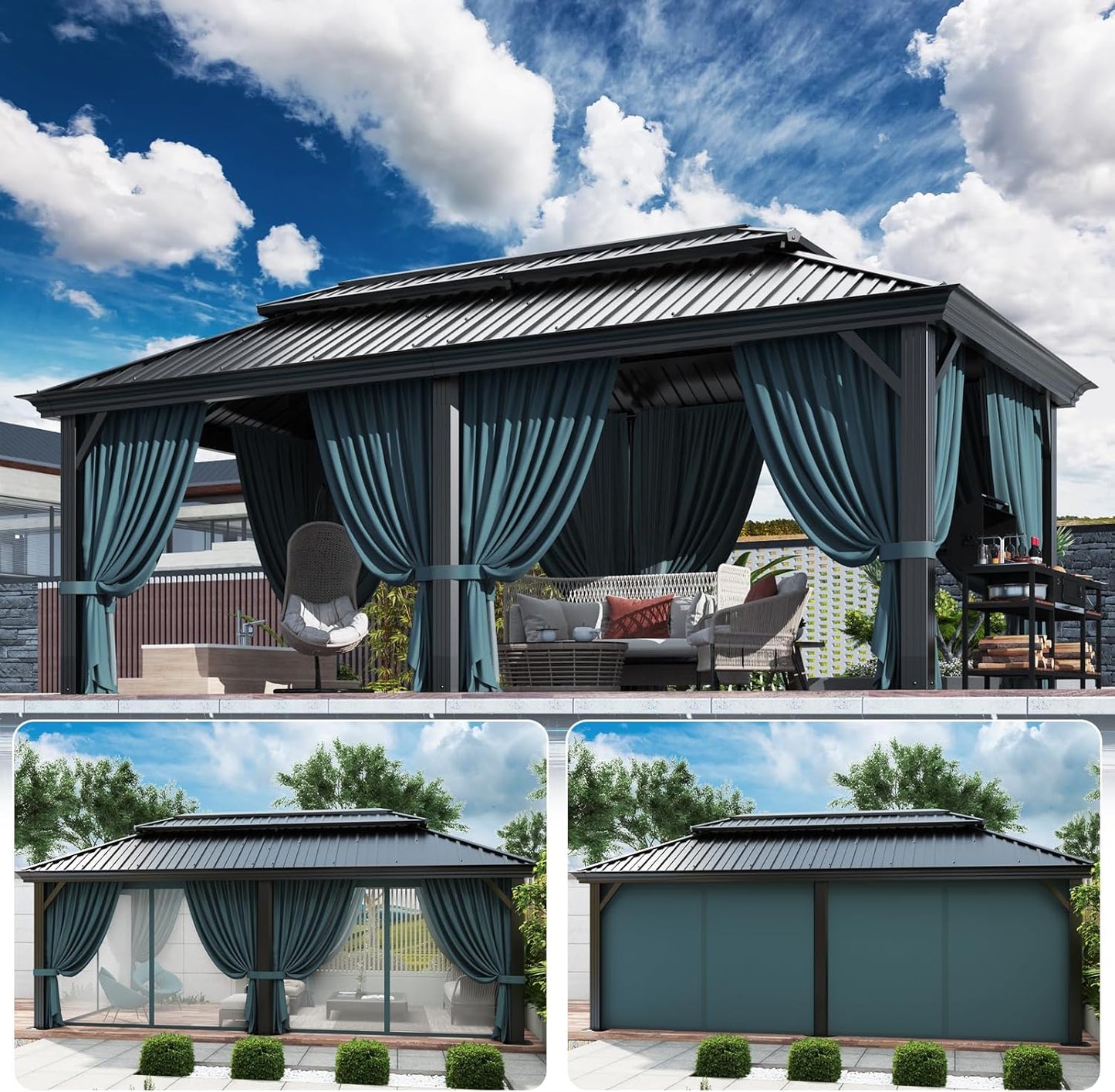 HOTEEL 10x12 Hardtop Gazebo Hot Tub Gazebo with Flame-Retardant Curtain Netting, Heavy Duty Pavilion with Galvanized Steel Double Roof, Aluminum Frame Outdoor Canopy for Patio, Party (2025 Upgraded)