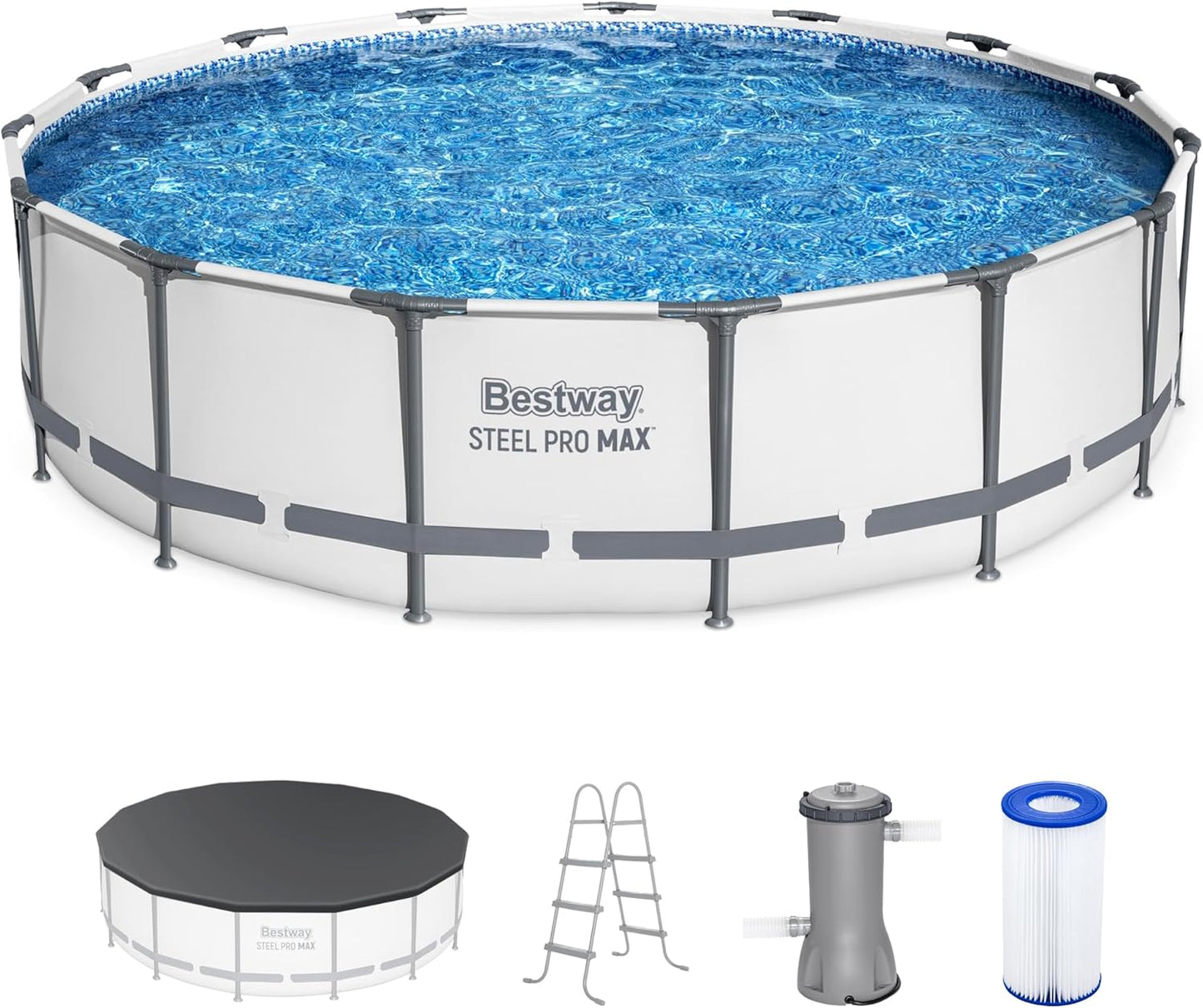 Bestway Steel Pro MAX 15" x 42" Round Above Ground Swimming Pool Set Outdooor Metal Frame Family Pool with Filter Pump, Ladder, and Cover