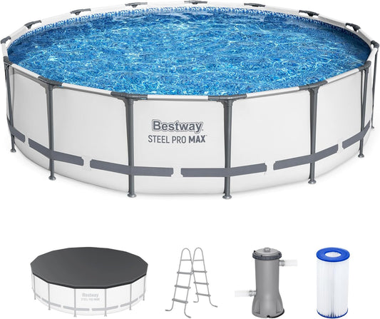 Bestway Steel Pro MAX 15" x 42" Round Above Ground Swimming Pool Set Outdooor Metal Frame Family Pool with Filter Pump, Ladder, and Cover