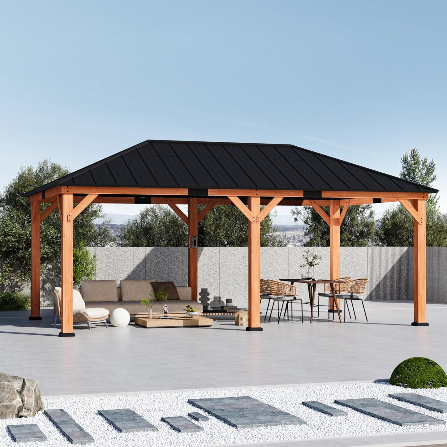 Modern Shade Rosewood Wood Gazebo 10' x 12', Cedar Framed Grill Gazebo with Double Galvanized Steel Roof, Mosquito Netting and Curtains, Permanent Hardtop with Sturdy Hooks for Garden, Backyard, Patio