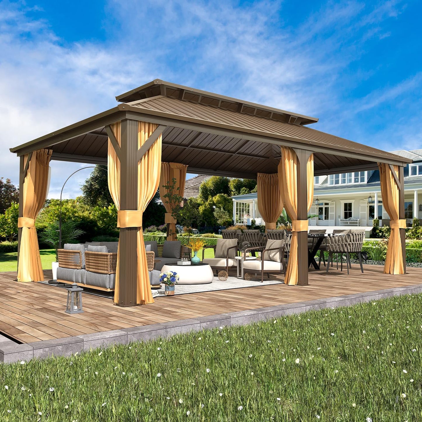 EROMMY 10' x 12' Hardtop Gazebo, Aluminum Frame Gazebos with Galvanized Steel Double Roof, Permanent Outdoor Metal Pavilion with Curtain and Netting for Patio, Lawn, Deck