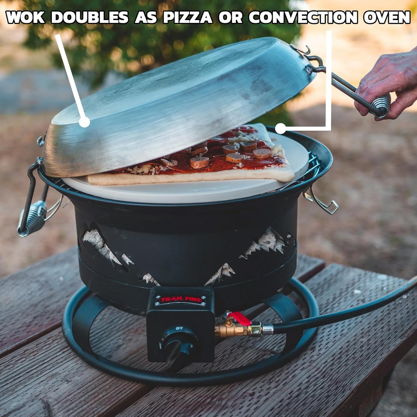 Trail Fire 4-in-1 Grill Portable BBQ with Grill, Wok, Pizza Oven, and portable Fire Pit (Pizza Stone & Carry Bag Included) - 16" Grilling Surface