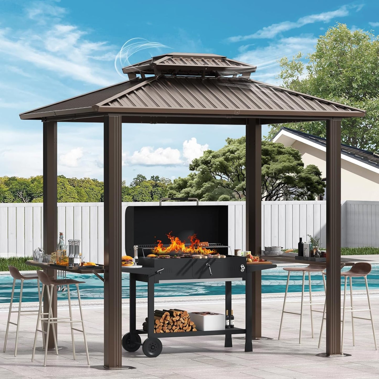 HOTEEL 10x12 Hardtop Gazebo Hot Tub Gazebo with Flame-Retardant Curtain Netting, Heavy Duty Pavilion with Galvanized Steel Double Roof, Aluminum Frame Outdoor Canopy for Patio, Party (2025 Upgraded)