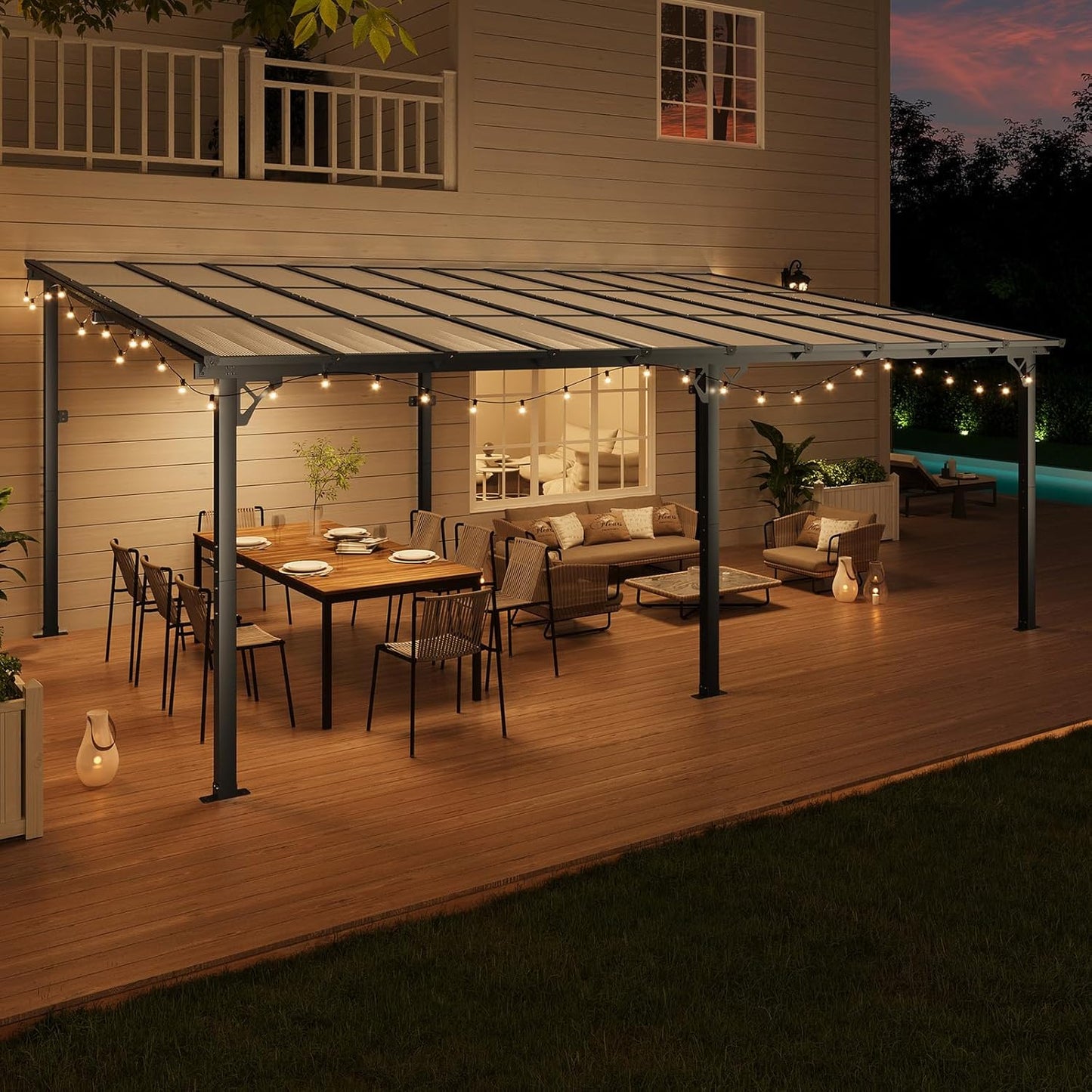 10x20FT Lean to Gazebo, Hardtop Metal Pergola with Polycarbonate Roof, Large Wall Mounted Heavy Duty Awnings, Patio Canopy for Backyard, Deck, Porch