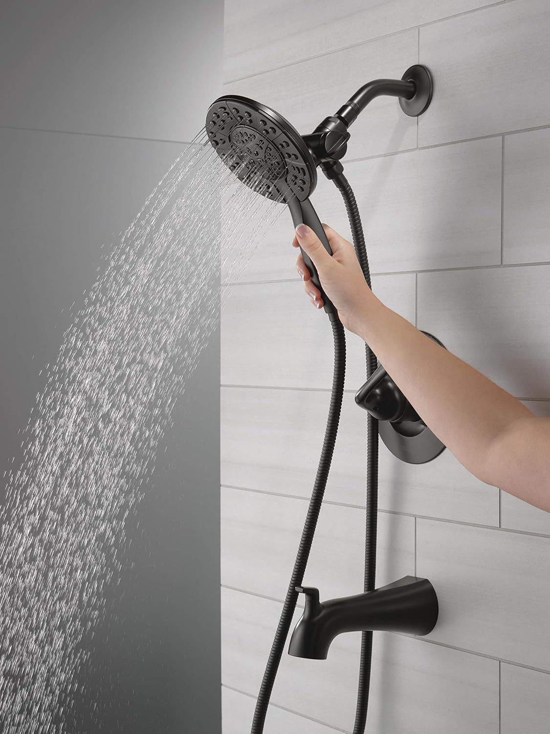 Delta Arvo 14 Series Matte Black Bathtub Shower Faucet Set with In2ition 2-in-1 Dual Shower Head with Handheld Spray Combo, Valve Trim Kit, Matte Black 144840-BL-I (Valve Included)