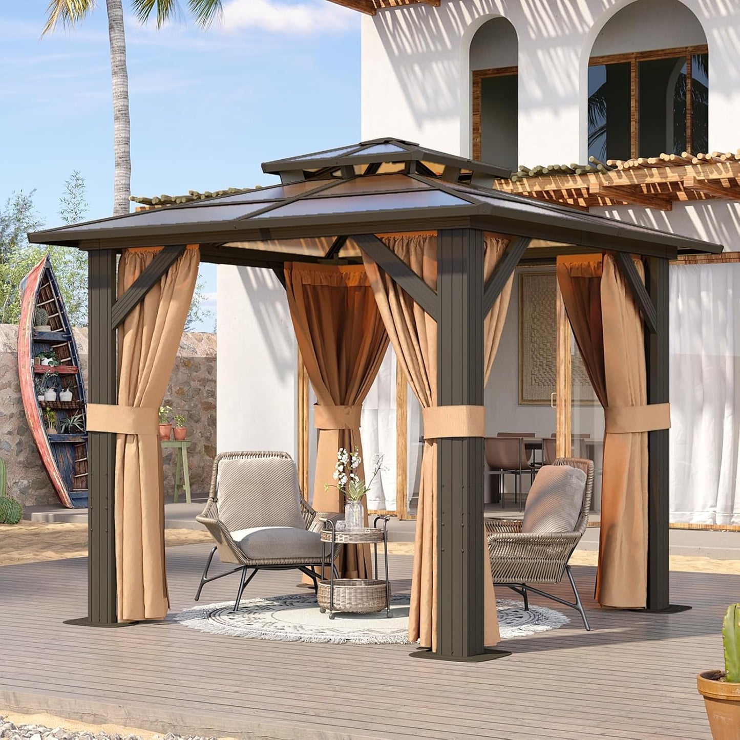 Aoxun 12'x10' Hardtop Gazebo, Aluminum Frame Permanent Pavilion with Curtains and Netting, Outdoor Polycarbonate Double Roof Canopy, Designed for Garden, Lawns, Patio, Brown