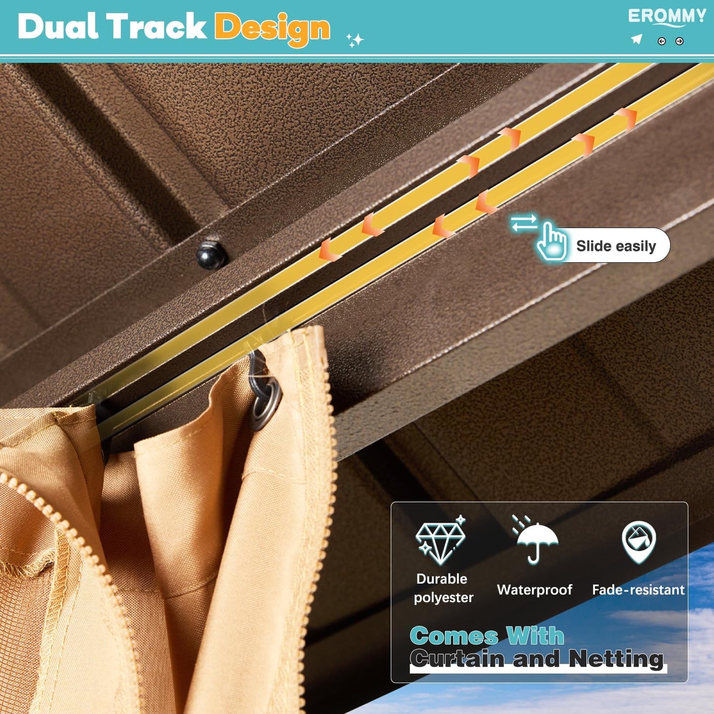 EROMMY 10' x 12' Hardtop Gazebo, Aluminum Frame Gazebos with Galvanized Steel Double Roof, Permanent Outdoor Metal Pavilion with Curtain and Netting for Patio, Lawn, Deck