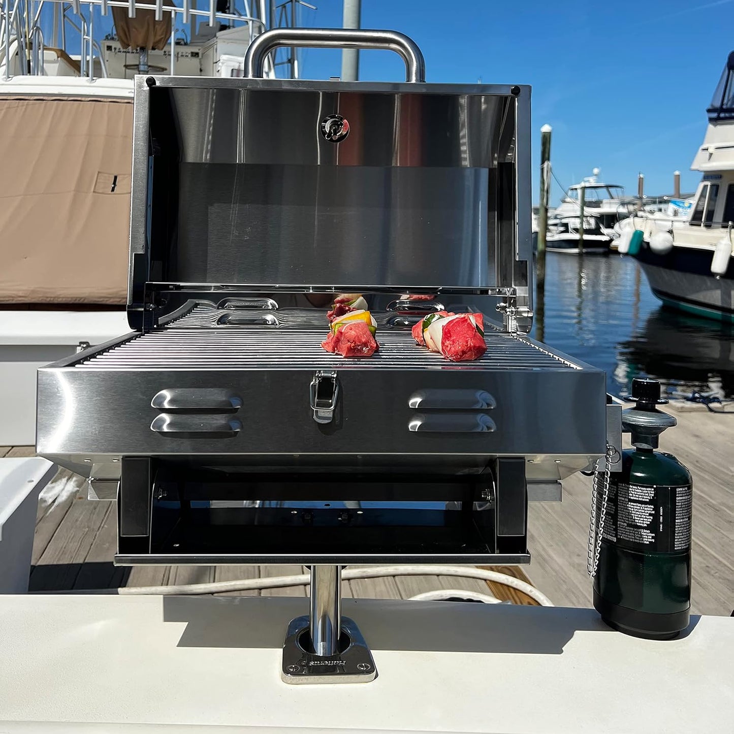 Bunker Up Fishin Stainless Steel Boat Grill with Rod Holder Mount - Great for Boating Marine and Camping - Portable BBQ Grill | Tabletop Grill, 12000 BTU Burner, 246 sq.in Grilling Space