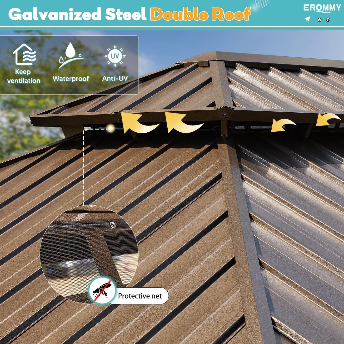 EROMMY 10' x 12' Hardtop Gazebo, Aluminum Frame Gazebos with Galvanized Steel Double Roof, Permanent Outdoor Metal Pavilion with Curtain and Netting for Patio, Lawn, Deck