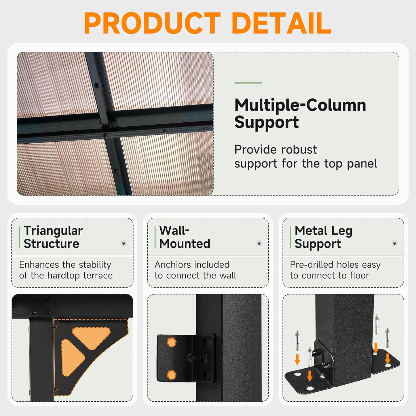 10x20FT Lean to Gazebo, Hardtop Metal Pergola with Polycarbonate Roof, Large Wall Mounted Heavy Duty Awnings, Patio Canopy for Backyard, Deck, Porch