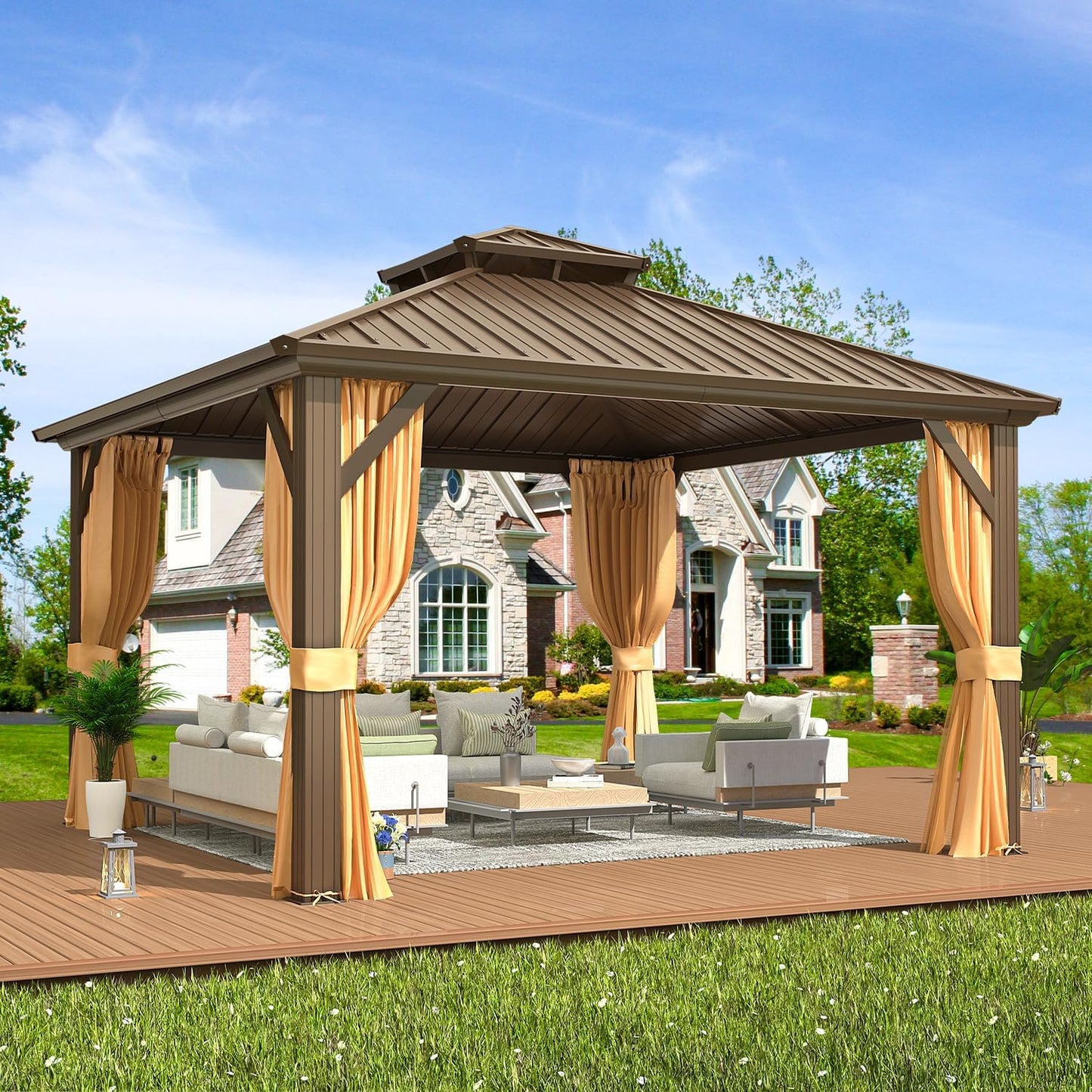 EROMMY 10' x 12' Hardtop Gazebo, Aluminum Frame Gazebos with Galvanized Steel Double Roof, Permanent Outdoor Metal Pavilion with Curtain and Netting for Patio, Lawn, Deck