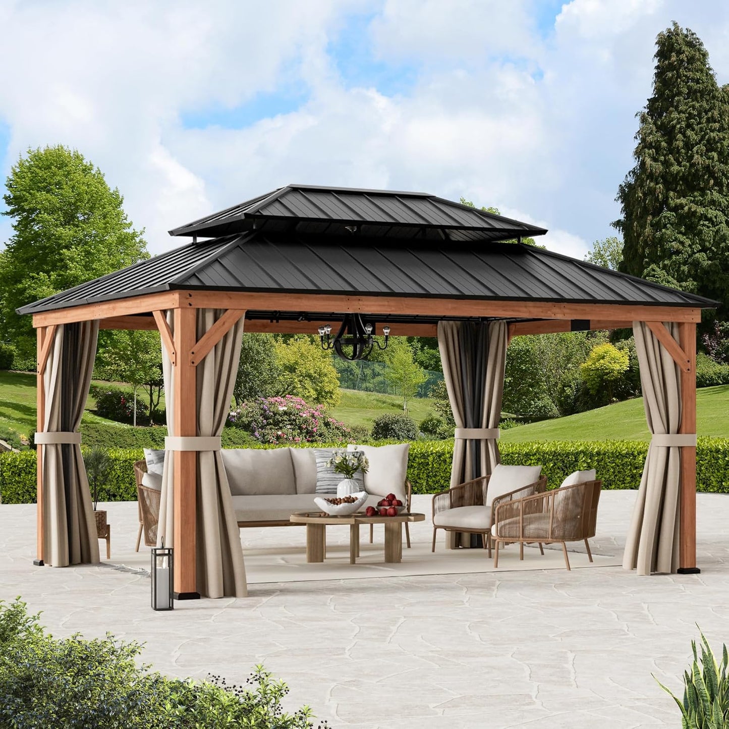 Modern Shade Rosewood Wood Gazebo 10' x 12', Cedar Framed Grill Gazebo with Double Galvanized Steel Roof, Mosquito Netting and Curtains, Permanent Hardtop with Sturdy Hooks for Garden, Backyard, Patio