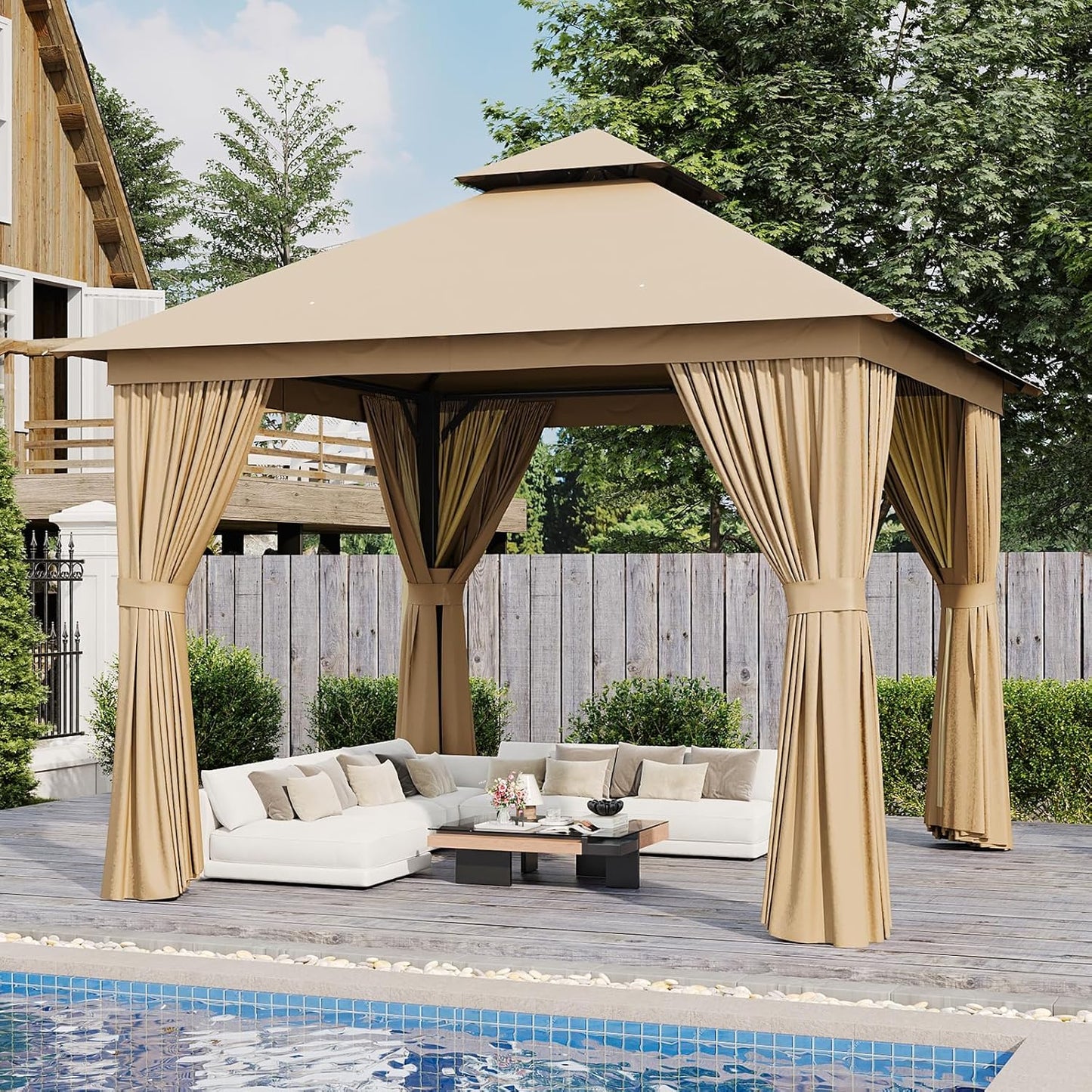 AOXUN Outdoor Gazebo for Patio 10x12, Metal Frame Canopy with Double Roofs, Heavy Duty Party Tent and Shelter with Mosquito Netting and Privacy Screen for Backyard, Lawn, Garden, Deck