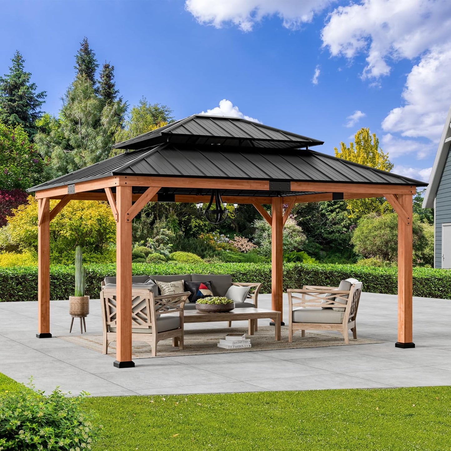 Modern Shade Rosewood Wood Gazebo 10' x 12', Cedar Framed Grill Gazebo with Double Galvanized Steel Roof, Mosquito Netting and Curtains, Permanent Hardtop with Sturdy Hooks for Garden, Backyard, Patio