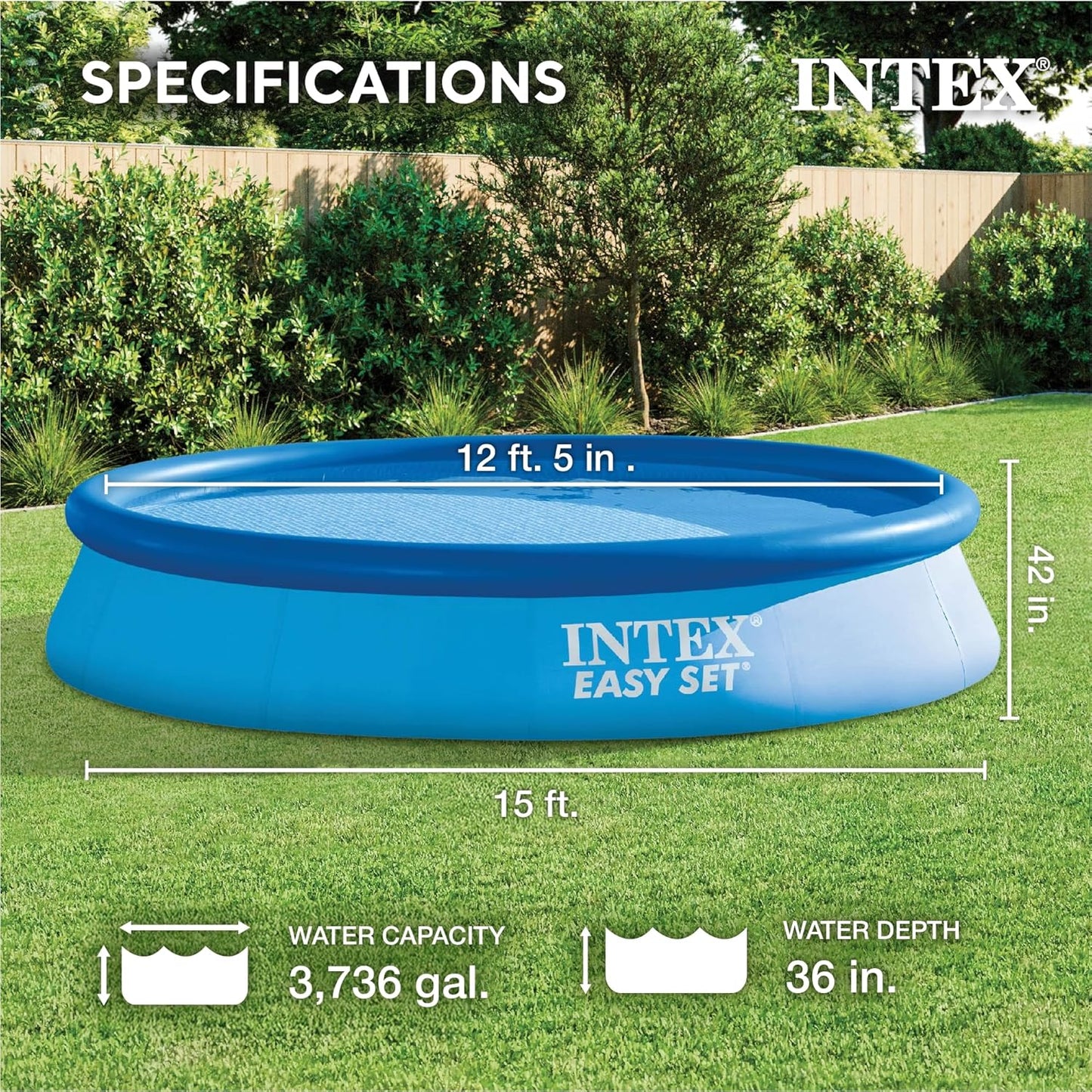 INTEX 26165EH Easy Set Inflatable Swimming Pool Set: 15ft x 42in – Includes 1000 GPH Cartridge Filter Pump – Removable Ladder – Pool Cover – Ground Cloth