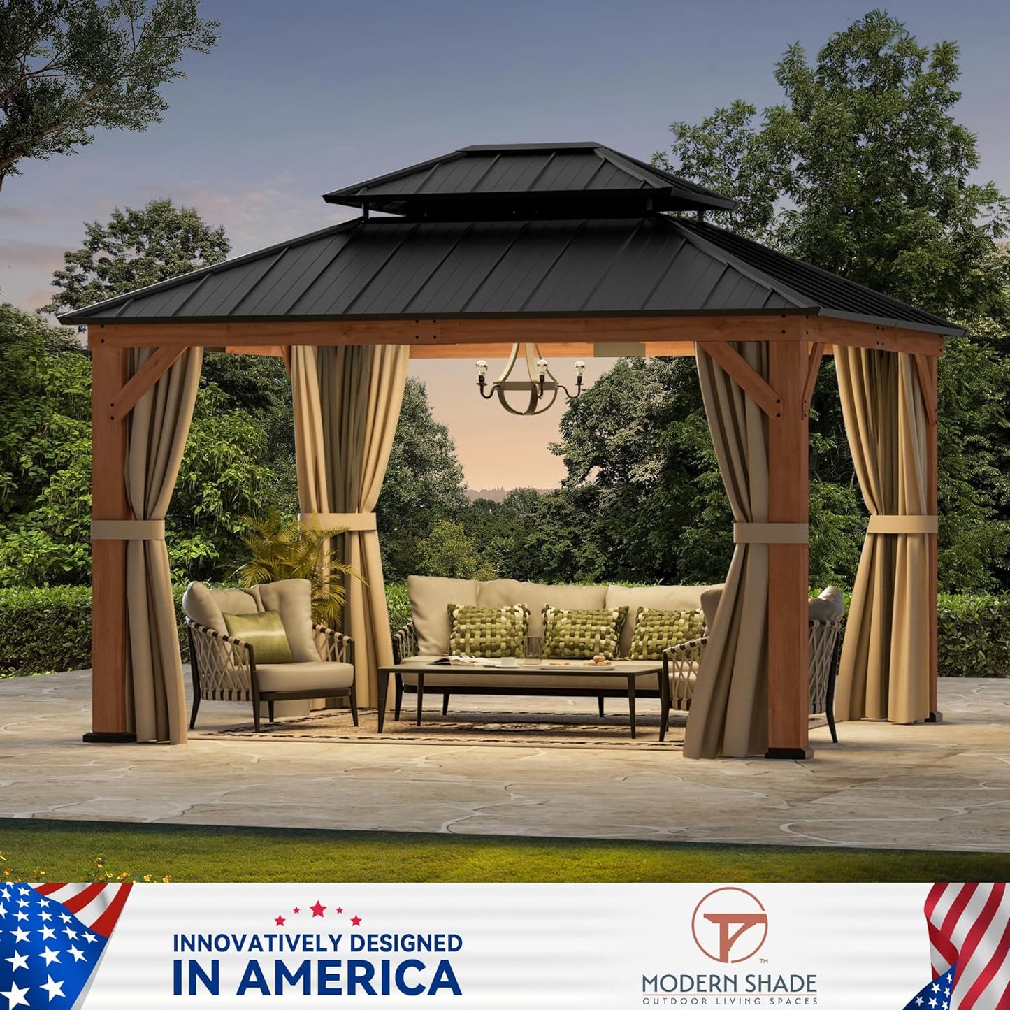 Modern Shade Rosewood Wood Gazebo 10' x 12', Cedar Framed Grill Gazebo with Double Galvanized Steel Roof, Mosquito Netting and Curtains, Permanent Hardtop with Sturdy Hooks for Garden, Backyard, Patio