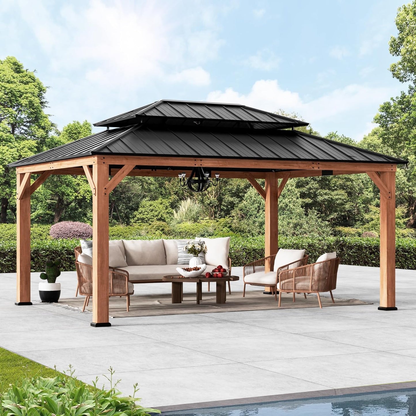 Modern Shade Rosewood Wood Gazebo 10' x 12', Cedar Framed Grill Gazebo with Double Galvanized Steel Roof, Mosquito Netting and Curtains, Permanent Hardtop with Sturdy Hooks for Garden, Backyard, Patio
