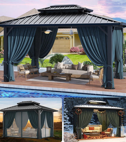HOTEEL 10x12 Hardtop Gazebo Hot Tub Gazebo with Flame-Retardant Curtain Netting, Heavy Duty Pavilion with Galvanized Steel Double Roof, Aluminum Frame Outdoor Canopy for Patio, Party (2025 Upgraded)
