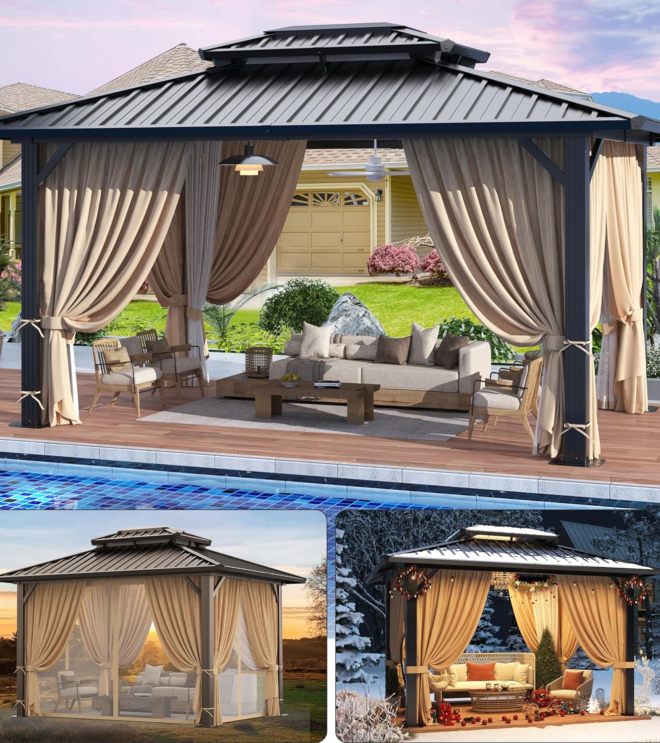 HOTEEL 10x12 Hardtop Gazebo Hot Tub Gazebo with Flame-Retardant Curtain Netting, Heavy Duty Pavilion with Galvanized Steel Double Roof, Aluminum Frame Outdoor Canopy for Patio, Party (2025 Upgraded)