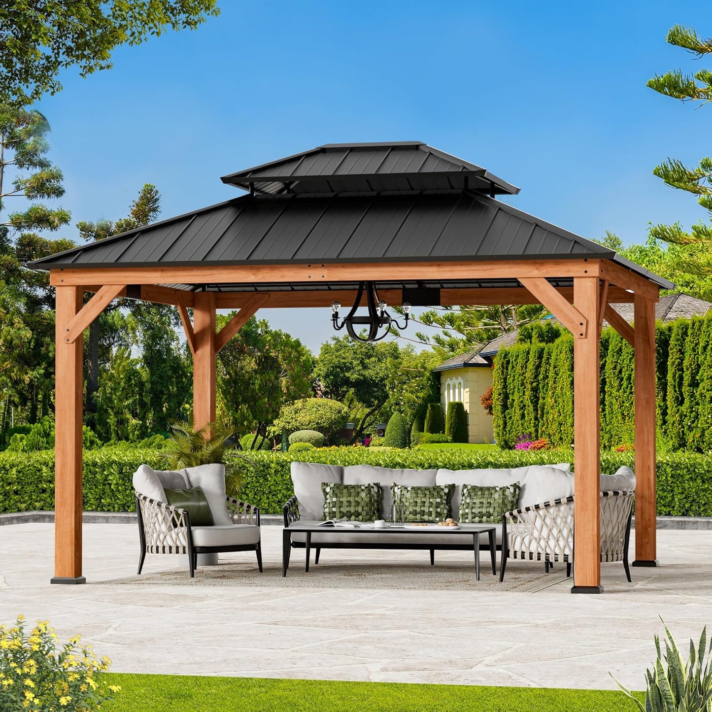 Modern Shade Rosewood Wood Gazebo 10' x 12', Cedar Framed Grill Gazebo with Double Galvanized Steel Roof, Mosquito Netting and Curtains, Permanent Hardtop with Sturdy Hooks for Garden, Backyard, Patio
