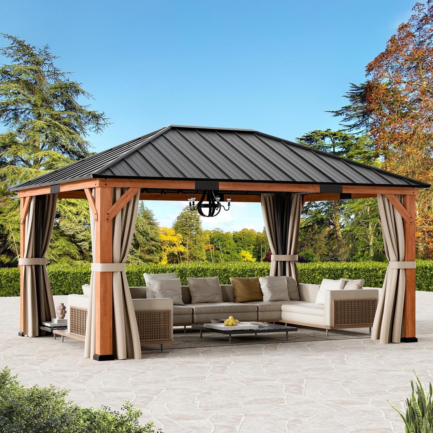 Modern Shade Rosewood Wood Gazebo 10' x 12', Cedar Framed Grill Gazebo with Double Galvanized Steel Roof, Mosquito Netting and Curtains, Permanent Hardtop with Sturdy Hooks for Garden, Backyard, Patio