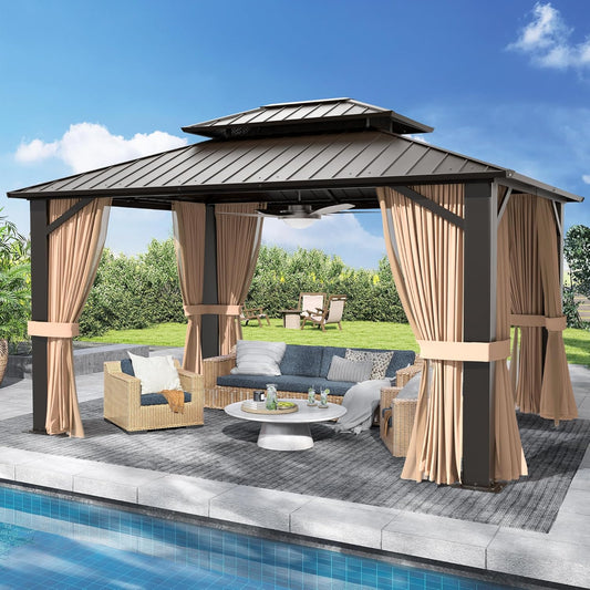 10’x12’ Hardtop Gazebo, Galvanized Steel Double Roof Canopy with Aluminum Frame, Outdoor Pavilion with Nettings and Curtains