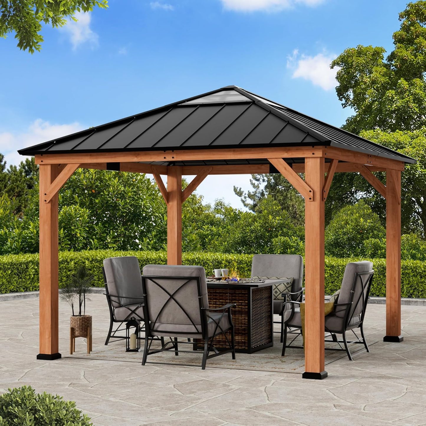 Modern Shade Rosewood Wood Gazebo 10' x 12', Cedar Framed Grill Gazebo with Double Galvanized Steel Roof, Mosquito Netting and Curtains, Permanent Hardtop with Sturdy Hooks for Garden, Backyard, Patio