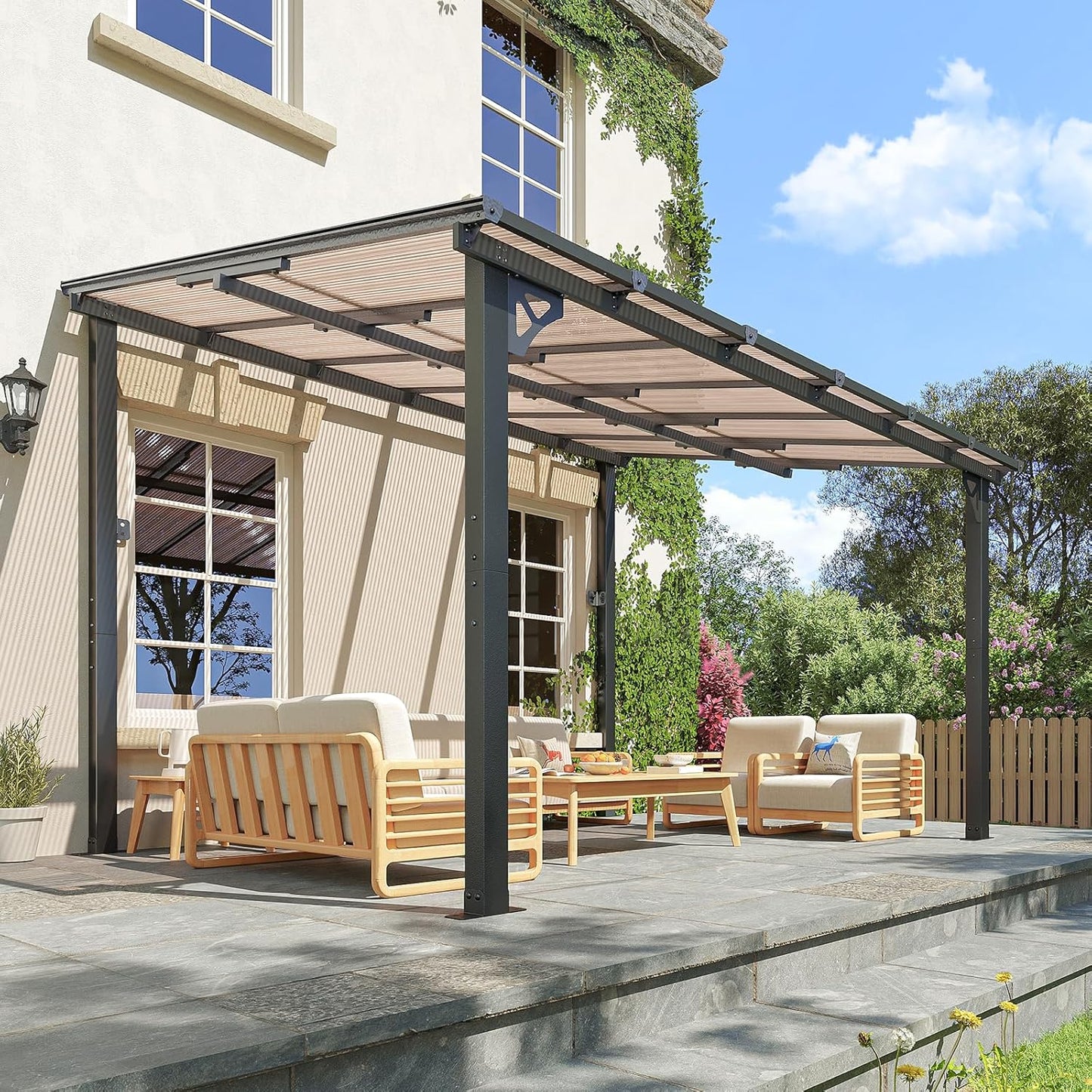 10x20FT Lean to Gazebo, Hardtop Metal Pergola with Polycarbonate Roof, Large Wall Mounted Heavy Duty Awnings, Patio Canopy for Backyard, Deck, Porch