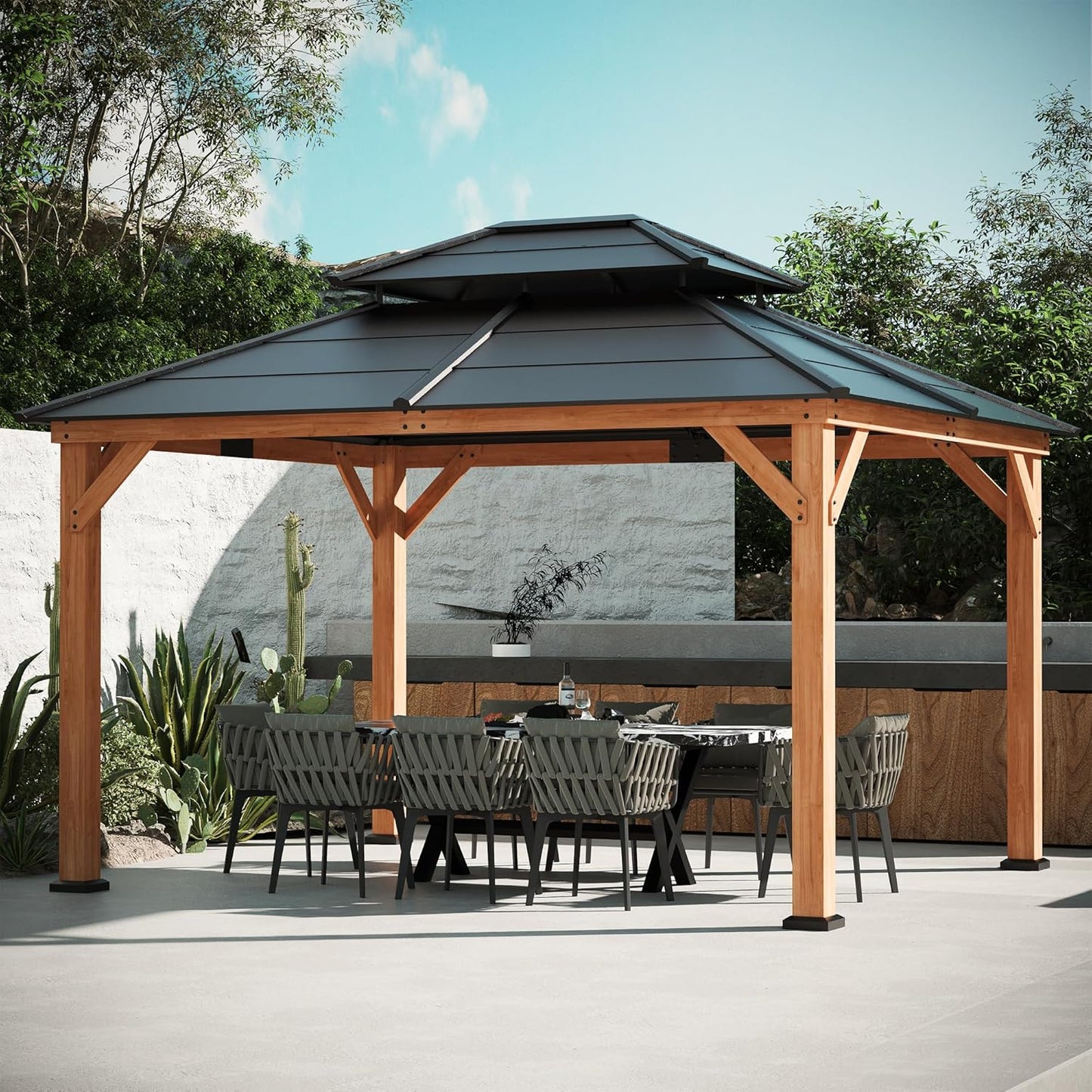 Modern Shade Supreme Cedar Wood Gazebo 12' x 16' with Hardtop Slope Roof, Wooden Grill Gazebo with Durable and Rot-Resistant, Supports Snow Loads and High Wind Speeds, Ideal for Backyard, Deck, Garden