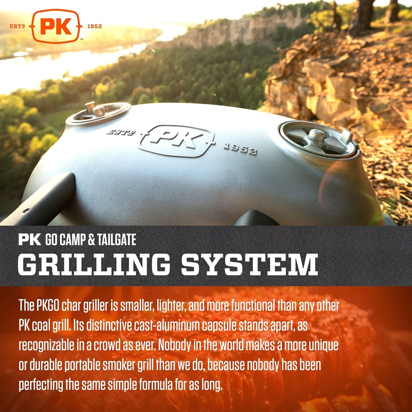 PK Grills Portable Charcoal Grill and Smoker with Lid, Mini Grill, Cast Iron Cooking Grate, Aluminum Outdoor Smoker, Barbecue Grill for Camping, Backyard Grilling, Park, Tailgating, Grey