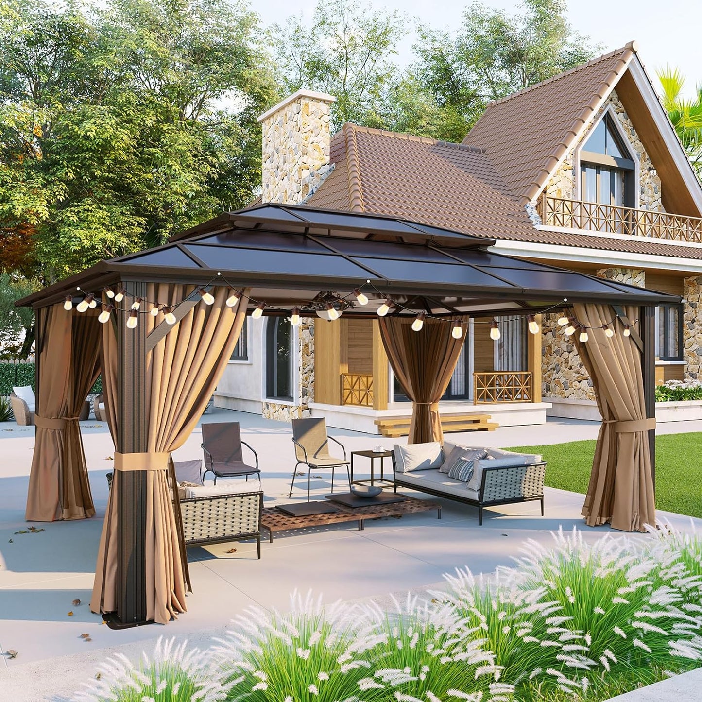 Aoxun 12'x10' Hardtop Gazebo, Aluminum Frame Permanent Pavilion with Curtains and Netting, Outdoor Polycarbonate Double Roof Canopy, Designed for Garden, Lawns, Patio, Brown