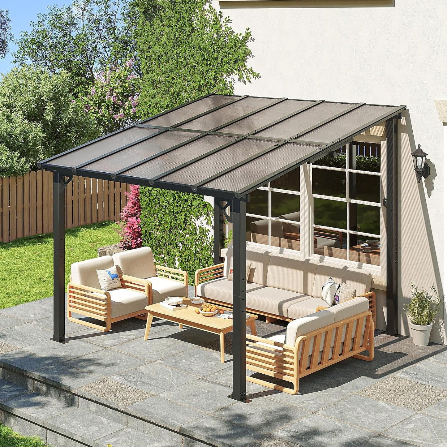 10x20FT Lean to Gazebo, Hardtop Metal Pergola with Polycarbonate Roof, Large Wall Mounted Heavy Duty Awnings, Patio Canopy for Backyard, Deck, Porch