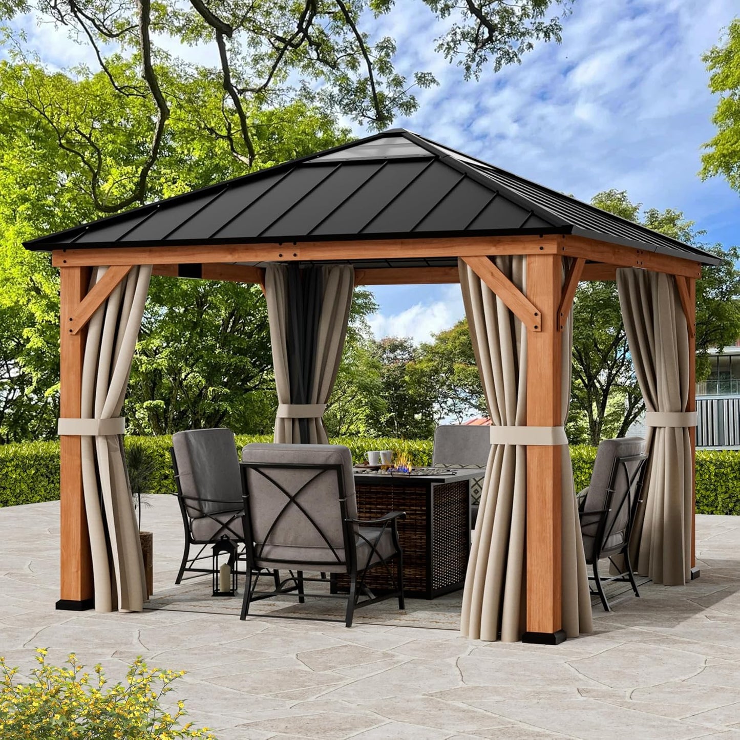Modern Shade Rosewood Wood Gazebo 10' x 12', Cedar Framed Grill Gazebo with Double Galvanized Steel Roof, Mosquito Netting and Curtains, Permanent Hardtop with Sturdy Hooks for Garden, Backyard, Patio