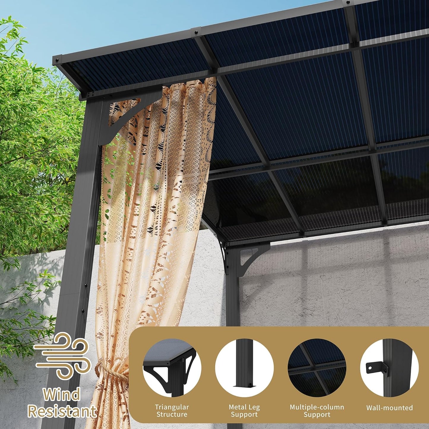 Shintenchi 8’x 10’ Gazebo,Metal Wall-Mounted Gazebo Pergola,Outdoor Patio Lean to Gazebo,Awnings with Sloped Roof,for Backyard,Porch,Deck