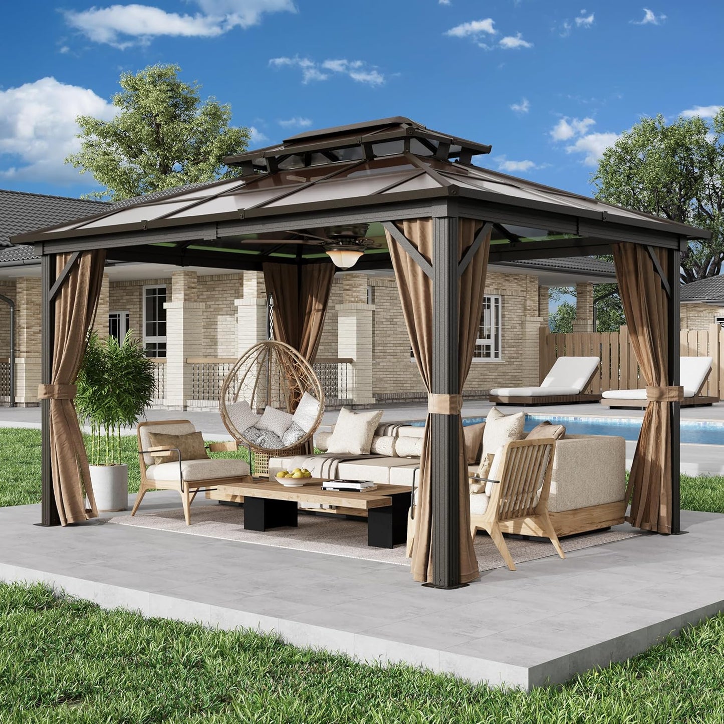 EROMMY 10' x 12' Hardtop Gazebo, Aluminum Frame Gazebos with Galvanized Steel Double Roof, Permanent Outdoor Metal Pavilion with Curtain and Netting for Patio, Lawn, Deck